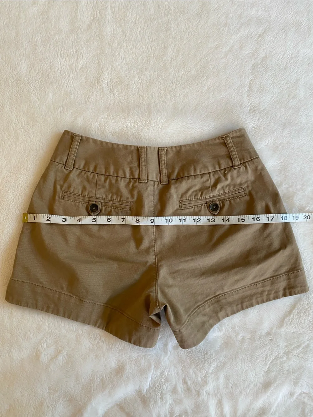 Khaki / Tan Cotton Trouser Mini Short Shorts -Mid Rise, Slant Pockets, 3” long - Picture 13 of 13